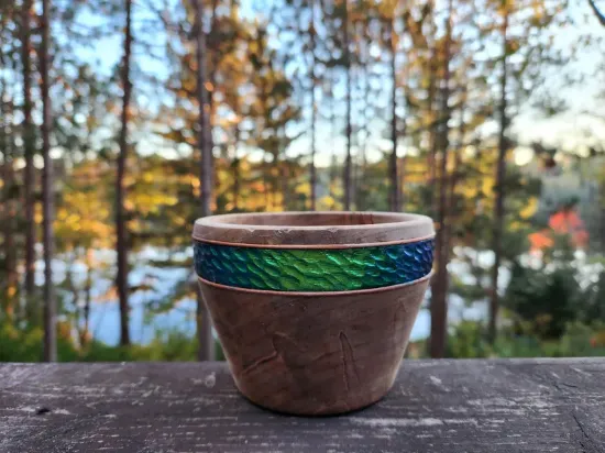 Picture of Hand-Turned Decorative Hardwood Bowl – Canadian Made with Unique Light-Shifting Pattern & Leather Finish